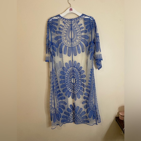Rebellion Again Blue Sheer Embroidered Lace 3/4 Sleeve Kimono Dress - Picture 9 of 10